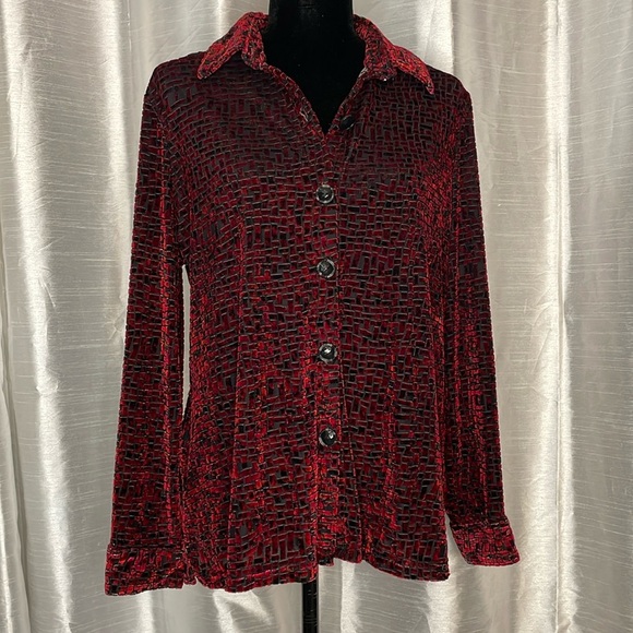 Draper’s & Damon’s Petite L Geometric Burnout Velour Blood Red Button Down Top - Picture 1 of 7